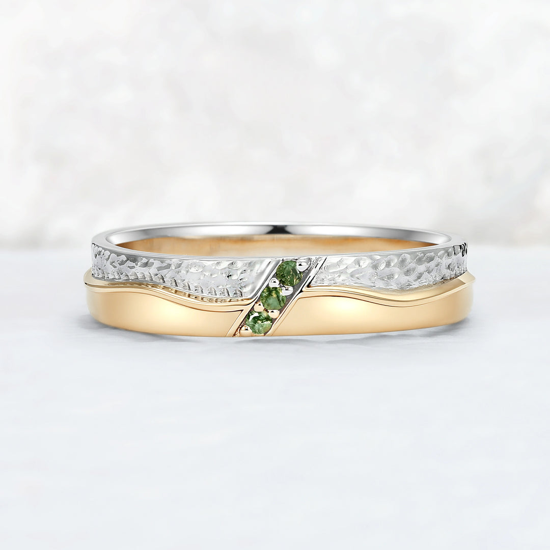 Mens Two Tone Wedding Band with Three Moss Agate Stone Inlay