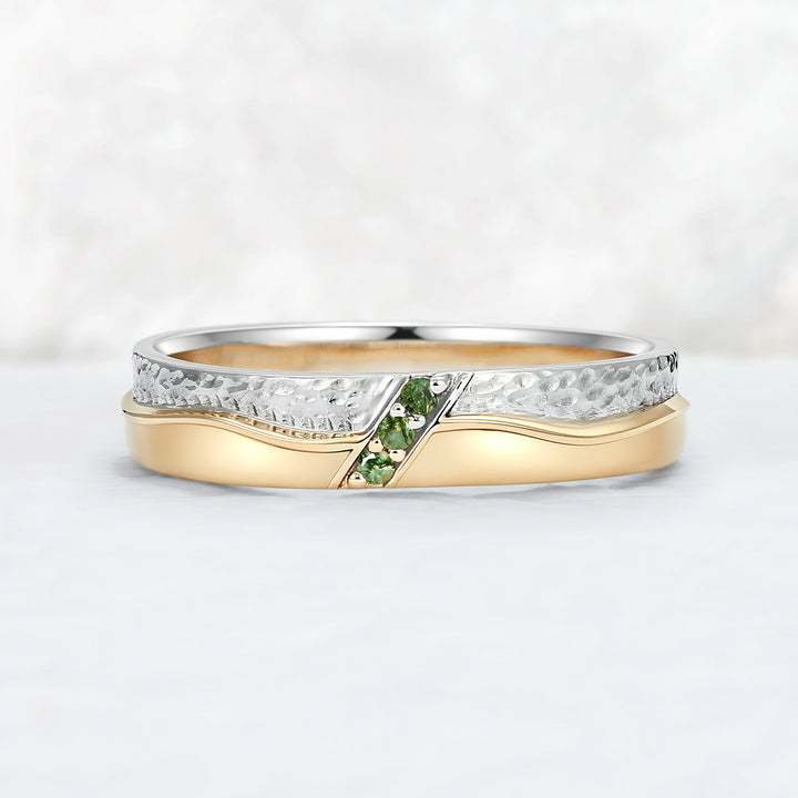 Mens Two Tone Wedding Band with Three Moss Agate Stone Inlay