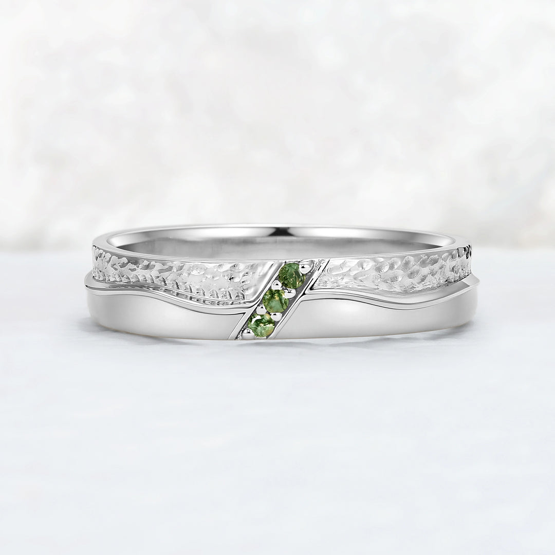 Mens Two Tone Wedding Band with Three Moss Agate Stone Inlay