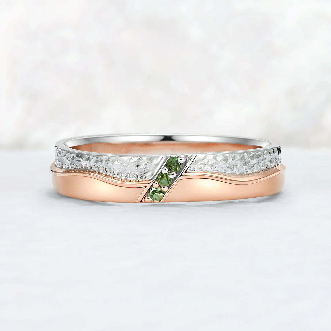 Mens Two Tone Wedding Band with Three Moss Agate Stone Inlay