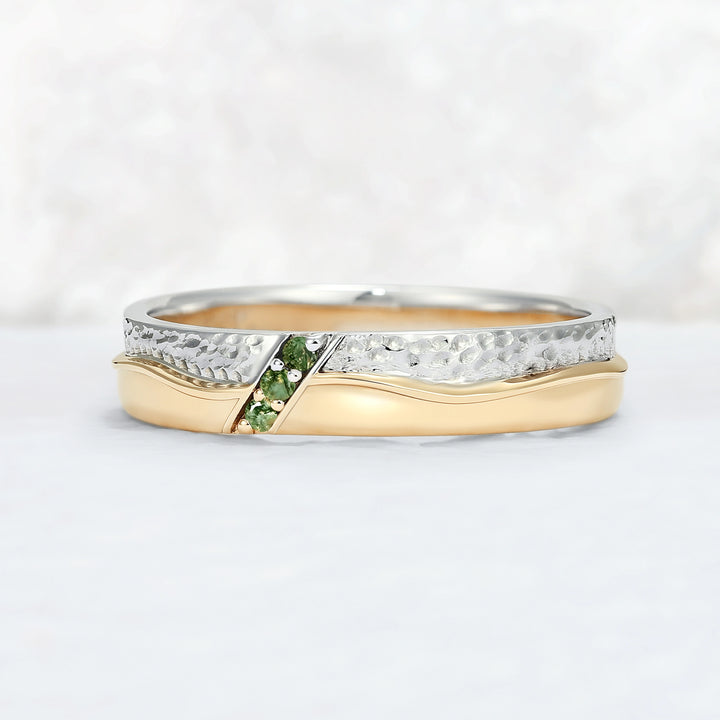 Mens Two Tone Wedding Band with Three Moss Agate Stone Inlay