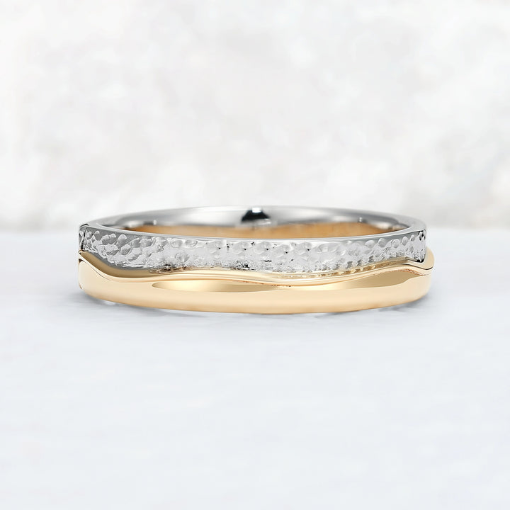 Mens Two Tone Wedding Band with Three Moss Agate Stone Inlay