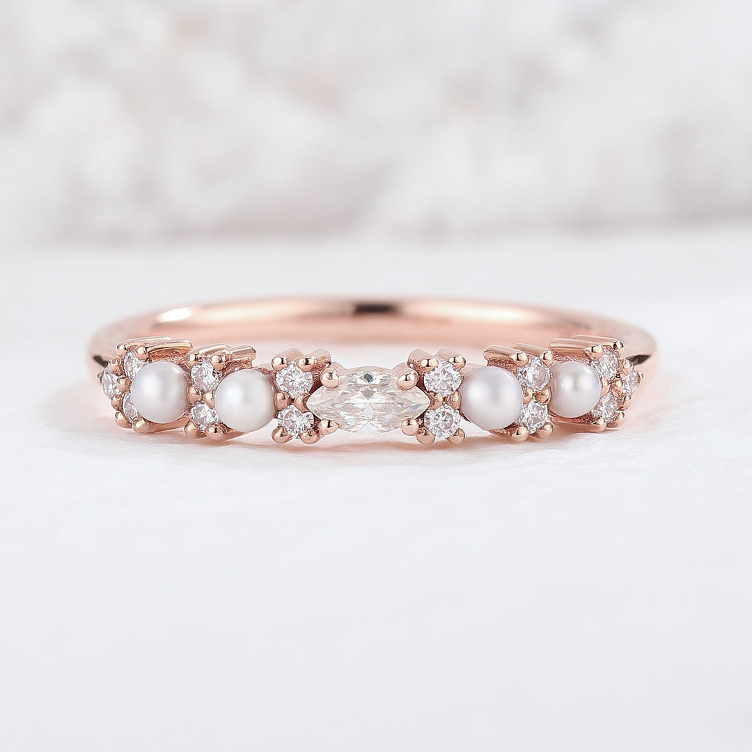 Minimalist Dainty Pearl Moissanite Half Eternity Stacking Bridal Ring