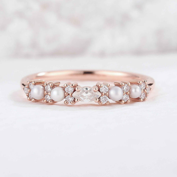 Minimalist Dainty Pearl Moissanite Half Eternity Stacking Bridal Ring