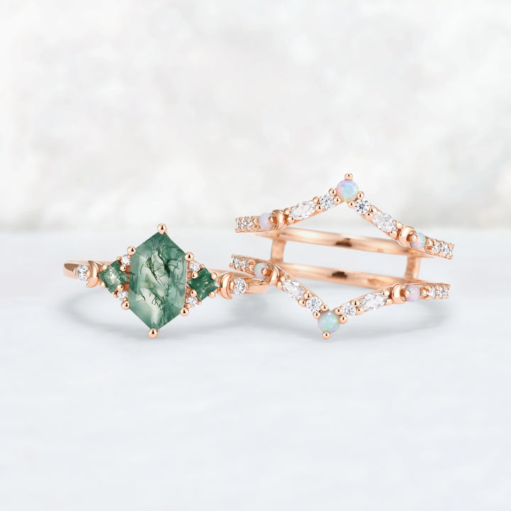 Moon Inspired Hexagon Cut Moss Agate Enhancer Ring Set