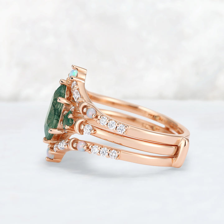 Moon Inspired Hexagon Cut Moss Agate Enhancer Ring Set
