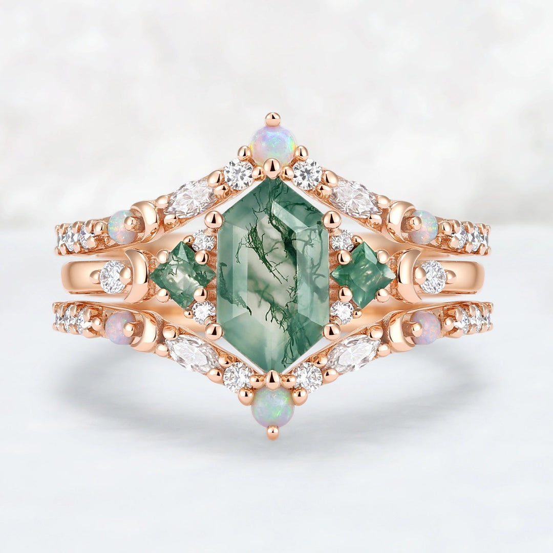 Moon Inspired Hexagon Cut Moss Agate Enhancer Ring
