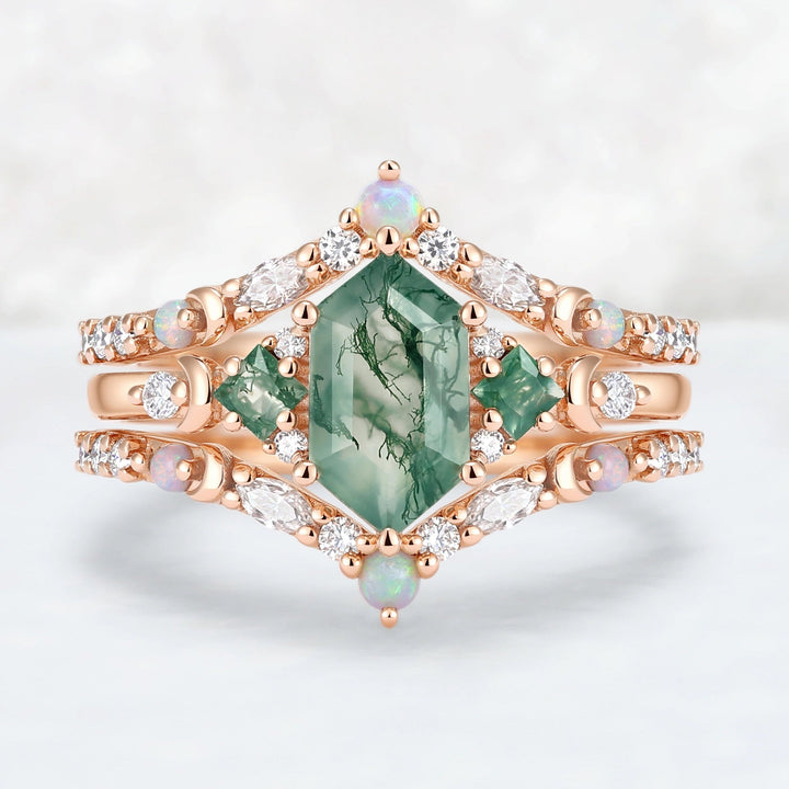 Moon Inspired Hexagon Cut Moss Agate Enhancer Ring
