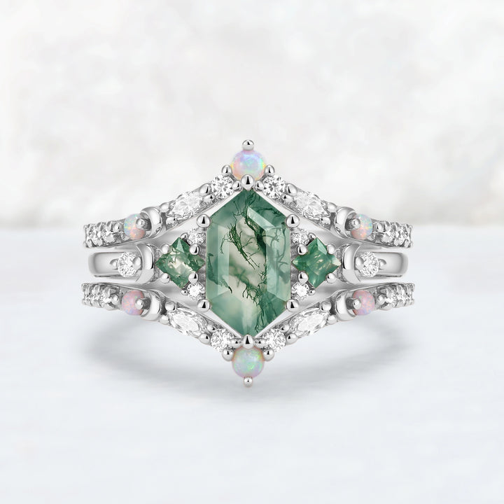 Moon Inspired Hexagon Cut Moss Agate Enhancer Ring