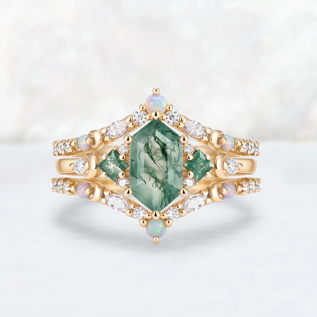 Moon Inspired Hexagon Cut Moss Agate Enhancer Ring