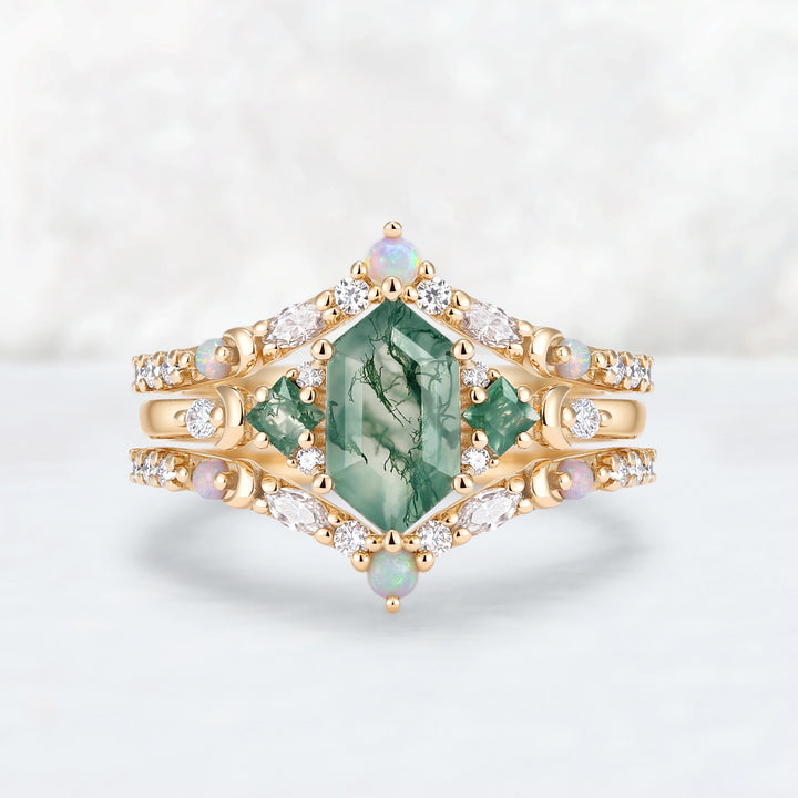 Moon Inspired Hexagon Cut Moss Agate Enhancer Ring