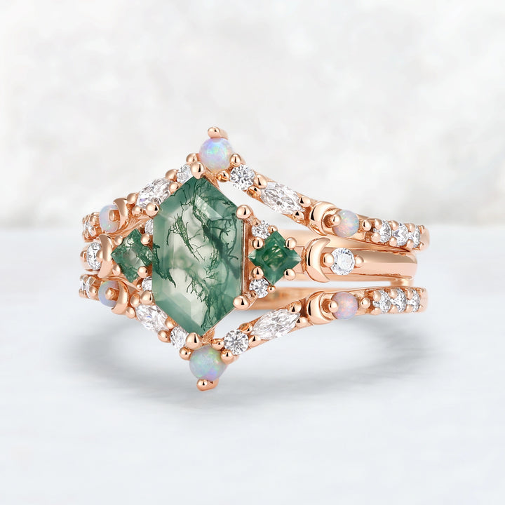 Moon Inspired Hexagon Cut Moss Agate Enhancer Ring Set