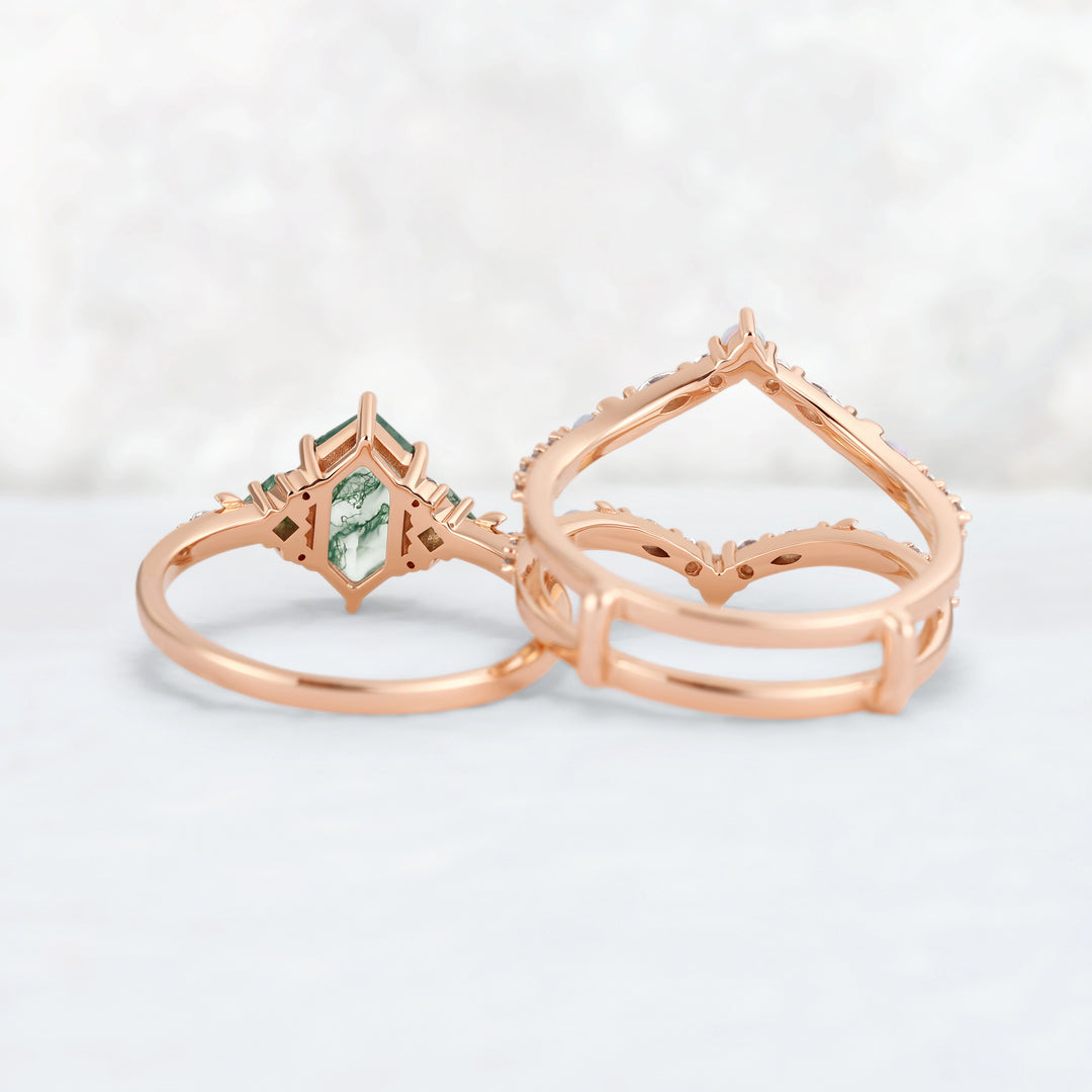 Moon Inspired Hexagon Cut Moss Agate Enhancer Ring Set