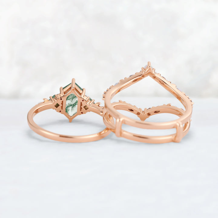 Moon Inspired Hexagon Cut Moss Agate Enhancer Ring Set