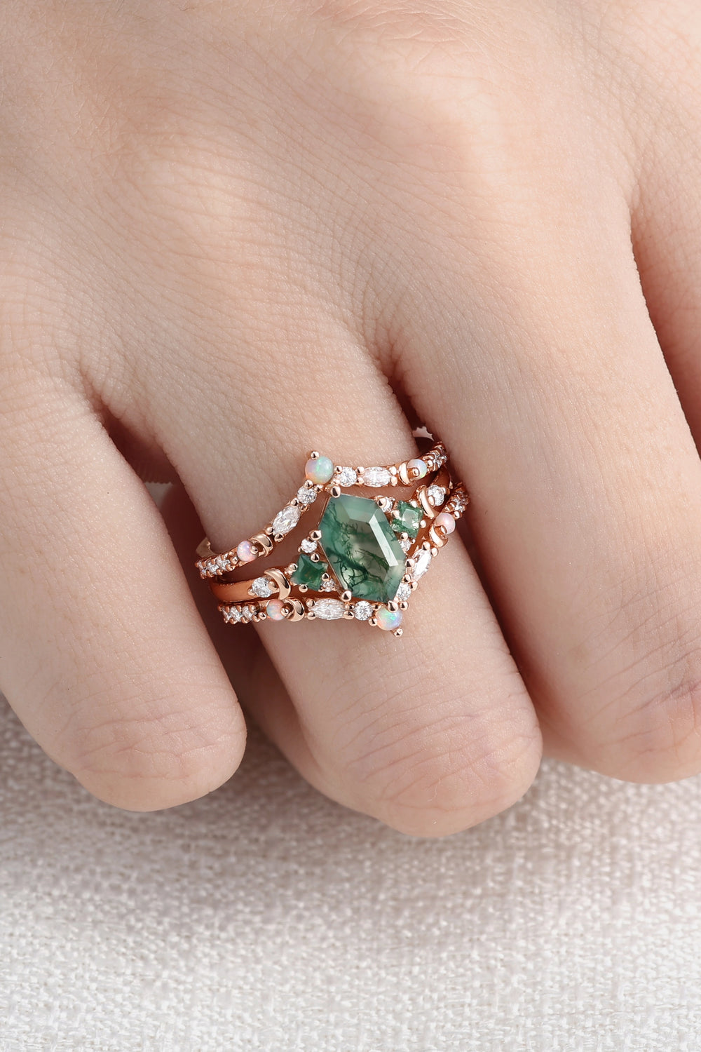 Moon Inspired Hexagon Cut Moss Agate Enhancer Ring