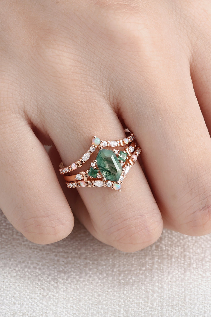Moon Inspired Hexagon Cut Moss Agate Enhancer Ring