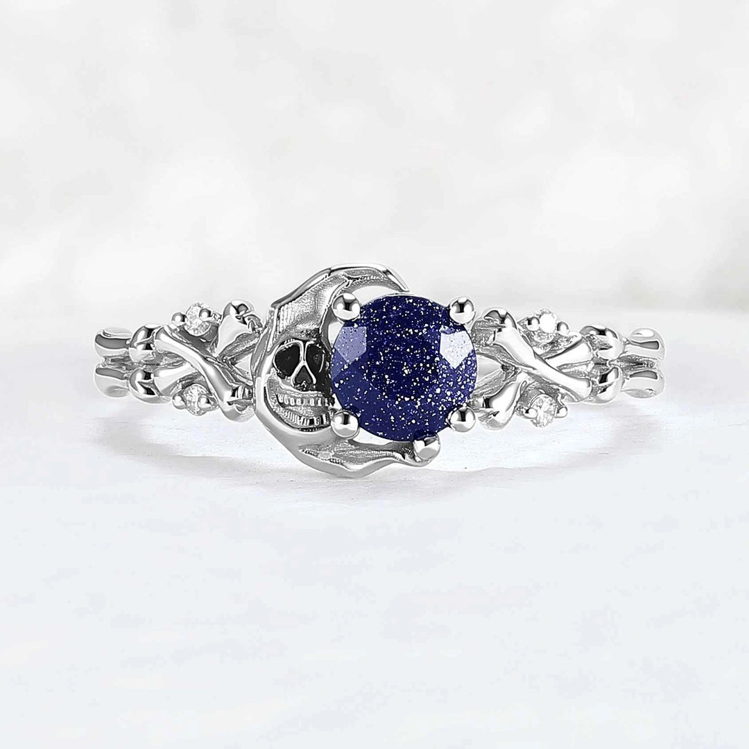 Moon Skeletons & Skull Round Cut Blue Sandstone Gemstone Ring