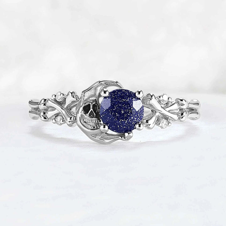 Moon Skeletons & Skull Round Cut Blue Sandstone Gemstone Ring
