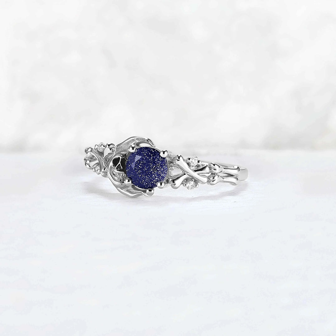 Moon Skeletons & Skull Round Cut Blue Sandstone Gemstone Ring