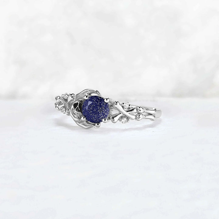 Moon Skeletons & Skull Round Cut Blue Sandstone Gemstone Ring