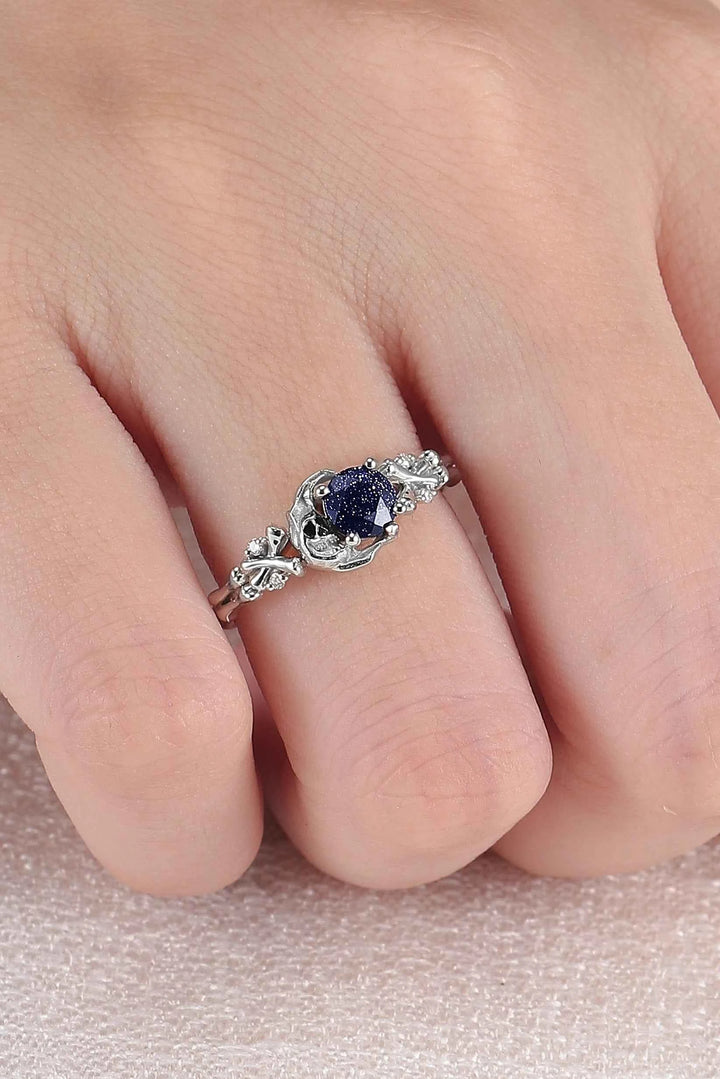 Moon Skeletons & Skull Round Cut Blue Sandstone Gemstone Ring