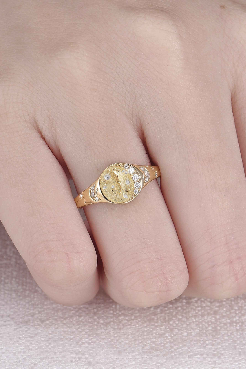 Moonlit Crater Rond Cut Moissanite Yellow Gold Signet Ring