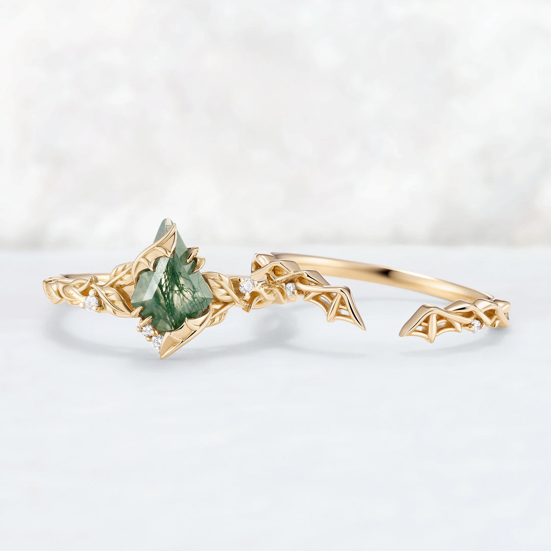 Moonshadow Batwing Kite Cut Moss Agate Vine Ring Set 2pcs