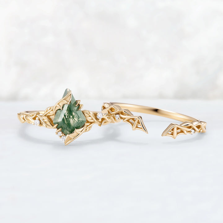 Moonshadow Batwing Kite Cut Moss Agate Vine Ring Set 2pcs