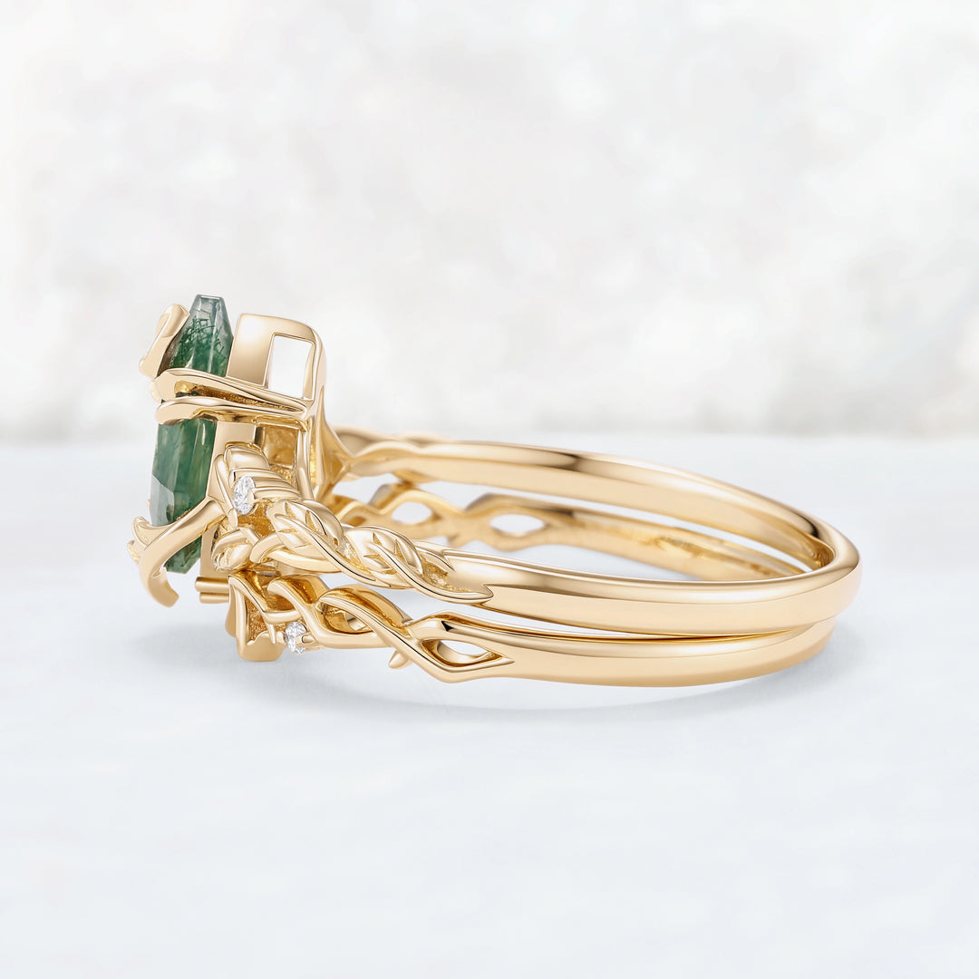 Moonshadow Batwing Kite Cut Moss Agate Vine Ring Set 2pcs