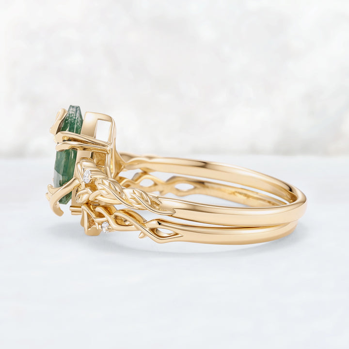 Moonshadow Batwing Kite Cut Moss Agate Vine Ring Set 2pcs