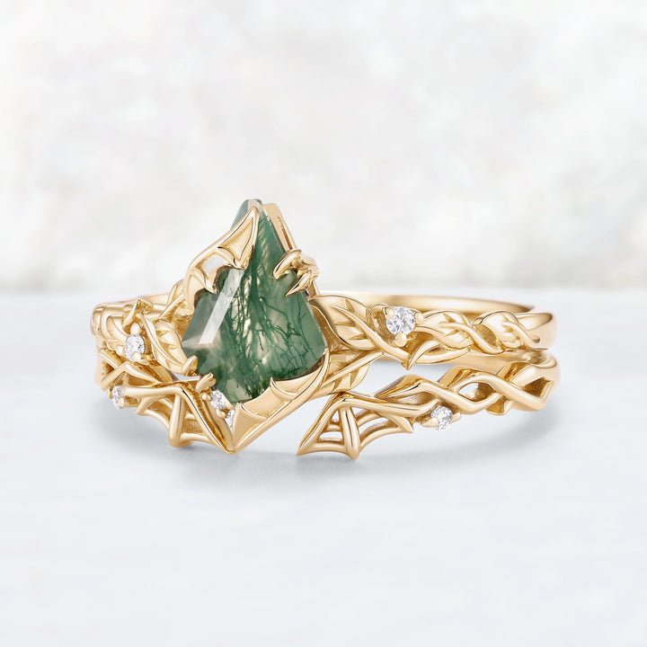 Moonshadow Batwing Kite Cut Moss Agate Vine Ring Set 2pcs