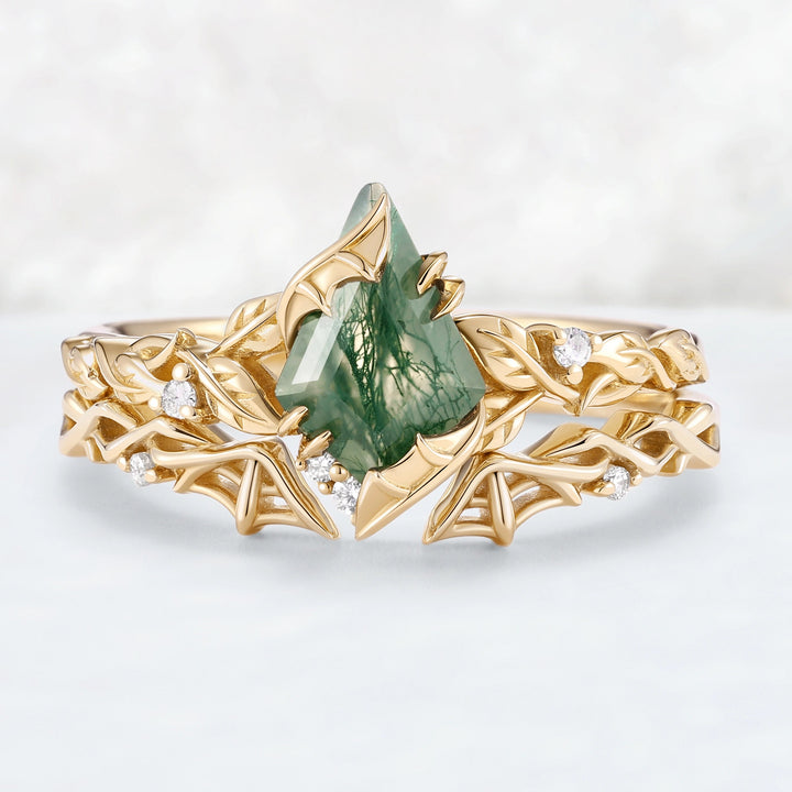 Moonshadow Batwing Kite Cut Moss Agate Vine Ring Set 2pcs