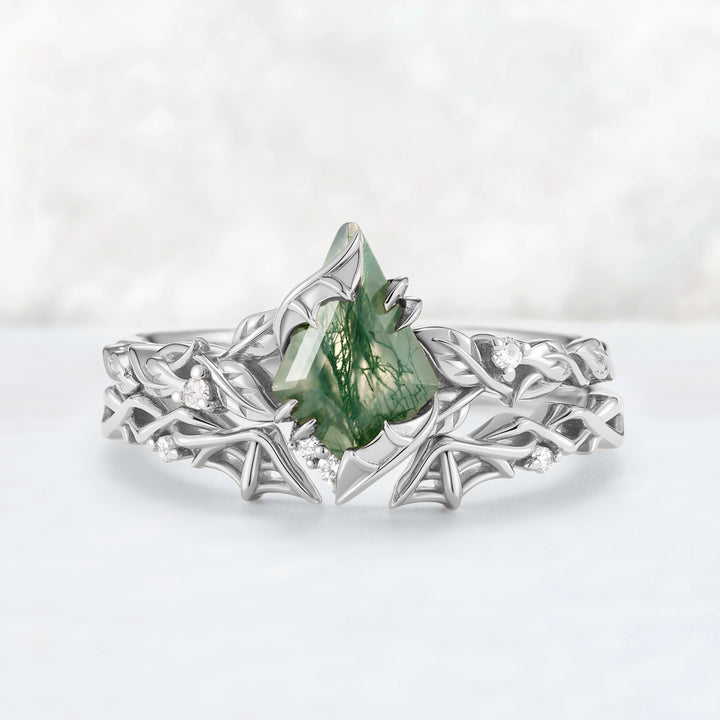 Moonshadow Batwing Kite Cut Moss Agate Vine Ring Set 2pcs