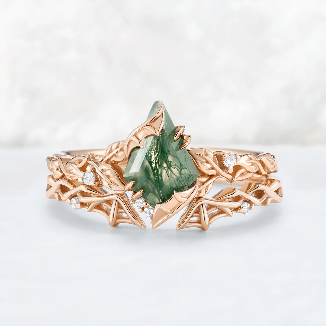 Moonshadow Batwing Kite Cut Moss Agate Vine Ring Set 2pcs