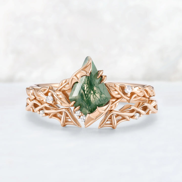 Moonshadow Batwing Kite Cut Moss Agate Vine Ring Set 2pcs