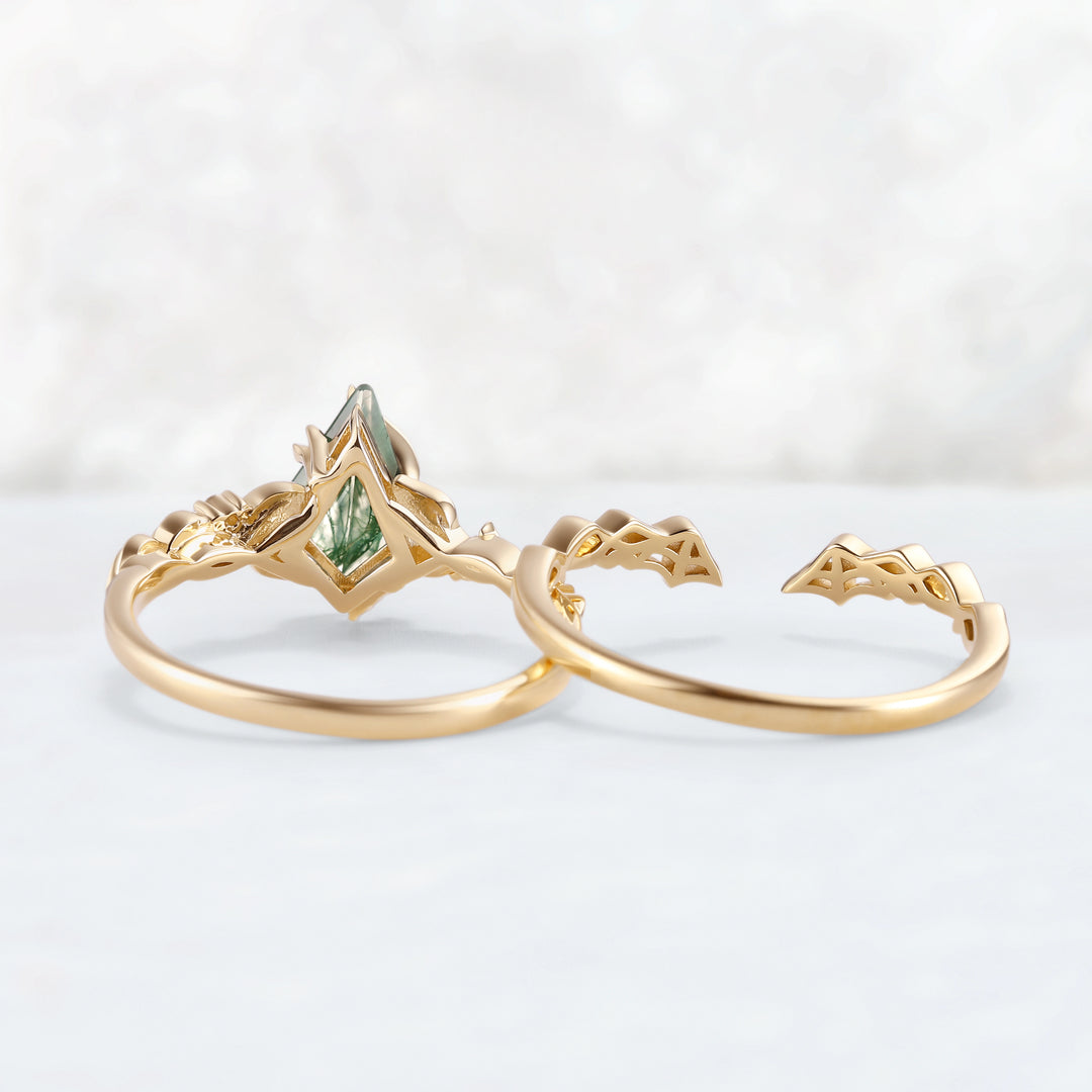 Moonshadow Batwing Kite Cut Moss Agate Vine Ring Set 2pcs