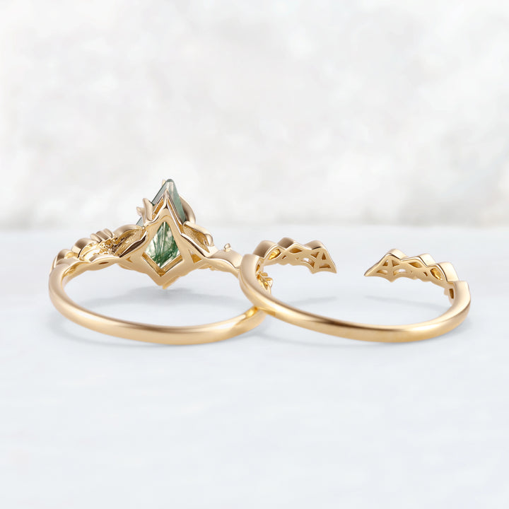 Moonshadow Batwing Kite Cut Moss Agate Vine Ring Set 2pcs