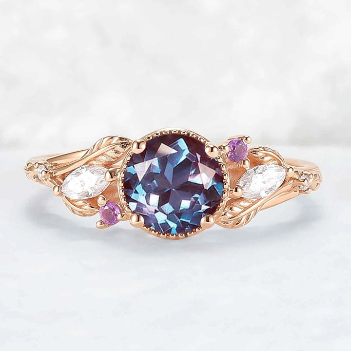 Moonvine Round Cut Alexandrite Leafy Engagement Ring