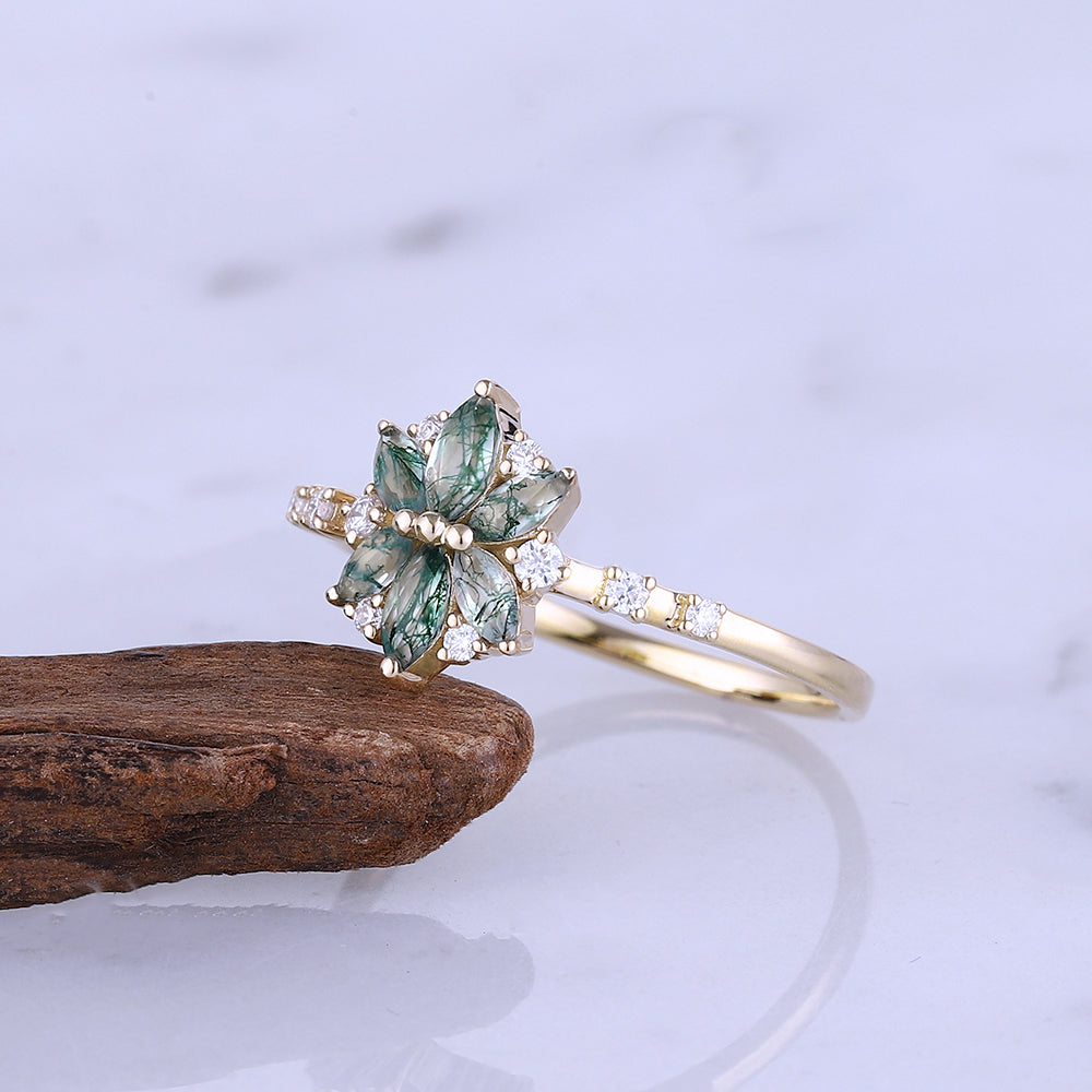 Moss Agate Moissanite Diamond Bridal Ring