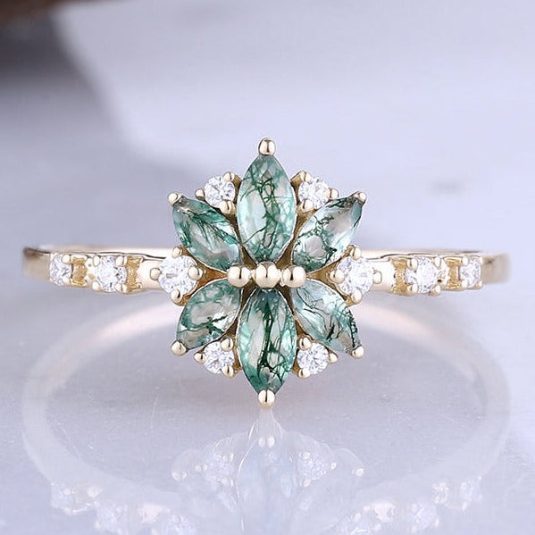 Moss Agate Moissanite Diamond Bridal Ring
