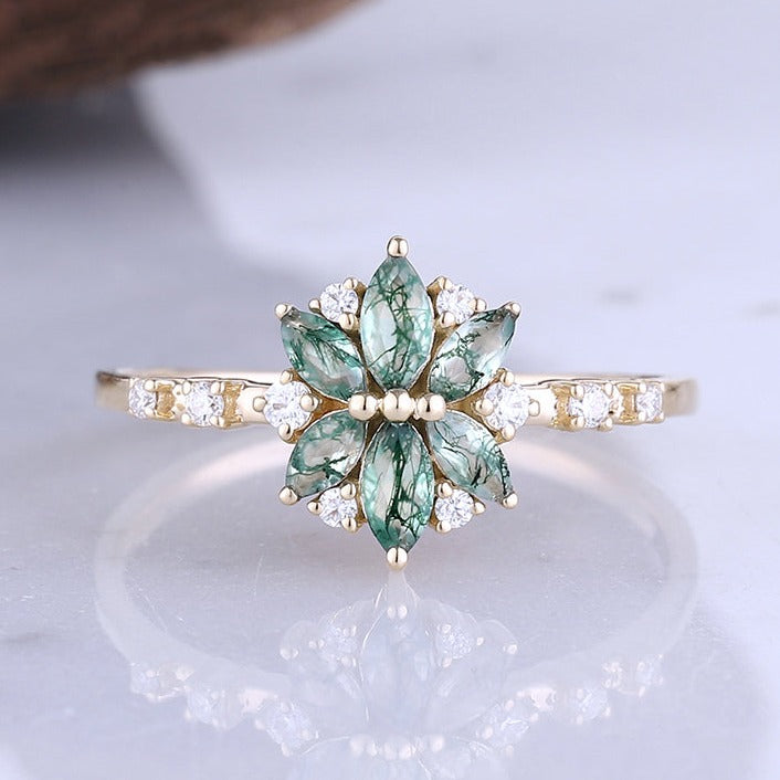 Moss Agate Moissanite Diamond Bridal Ring