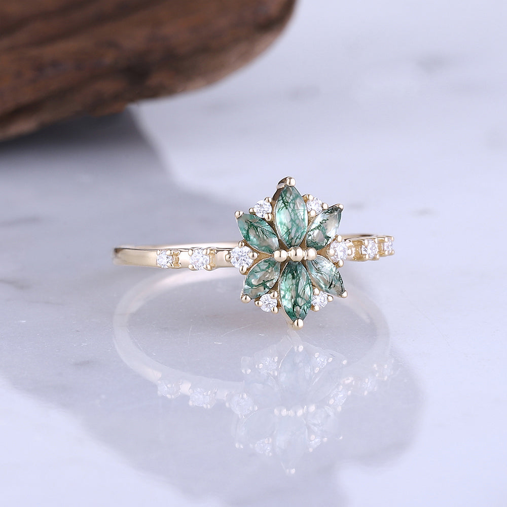 Moss Agate Moissanite Diamond Bridal Ring