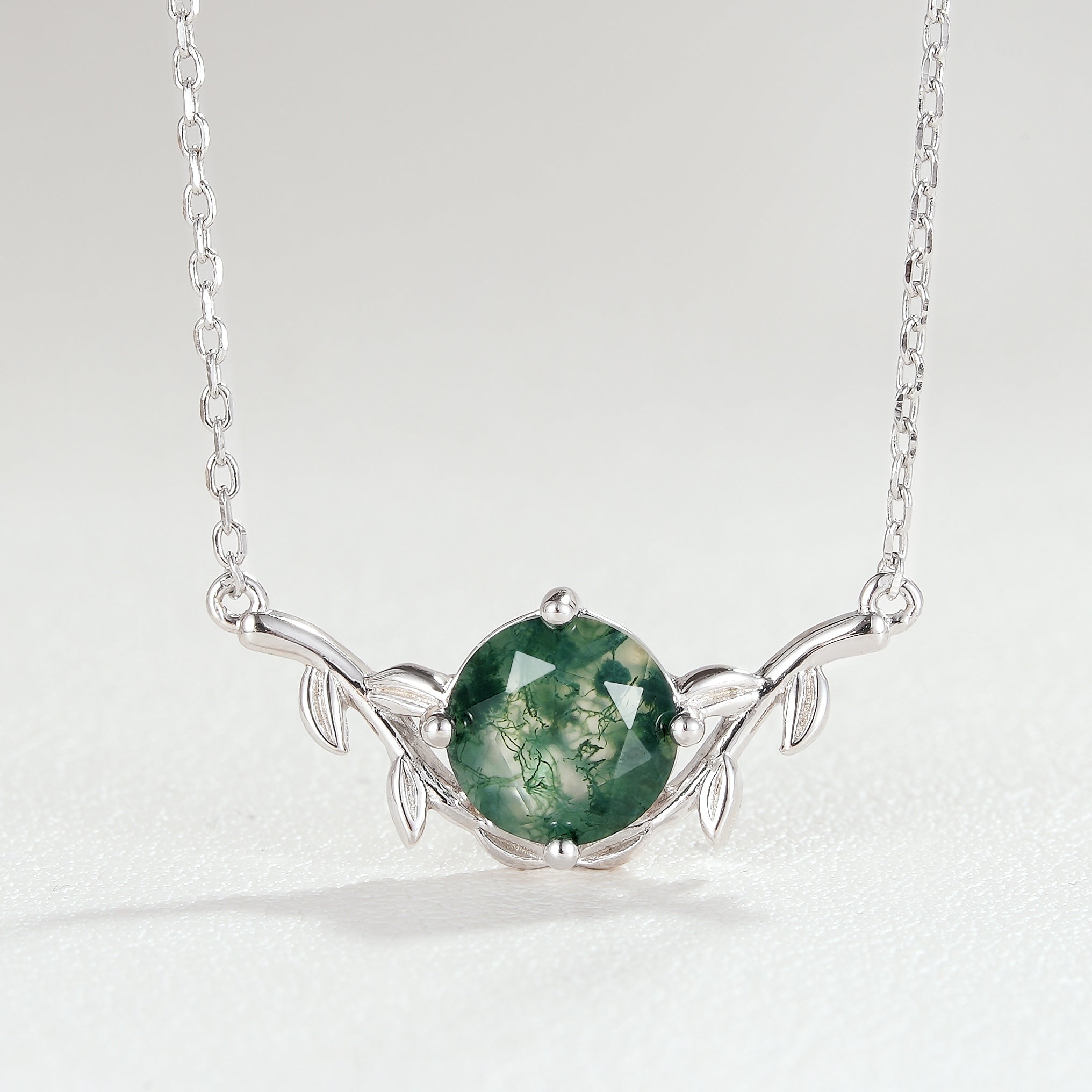 Natural Inspired Round Cut Moss Agate Olive Leafy Pendant
