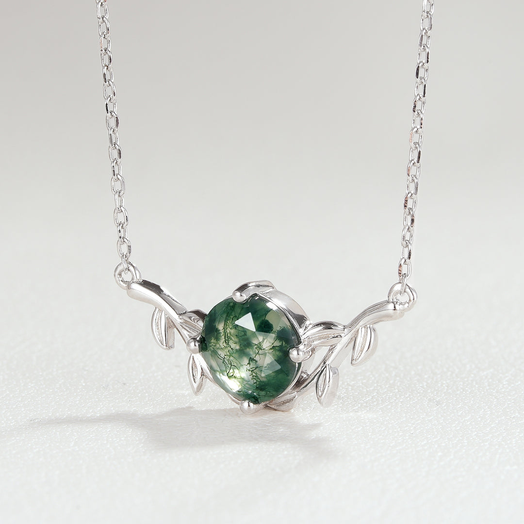 Natural Inspired Round Cut Moss Agate Olive Leafy Necklace