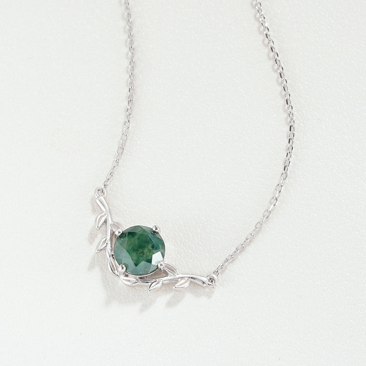 Natural Inspired Round Cut Moss Agate Olive Leafy Necklace