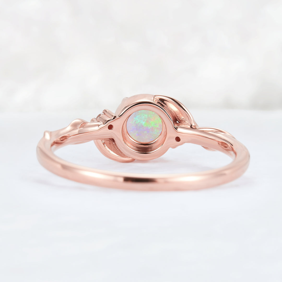 Nature Inspired Round Opal Leafy Twisted Engagement Ring