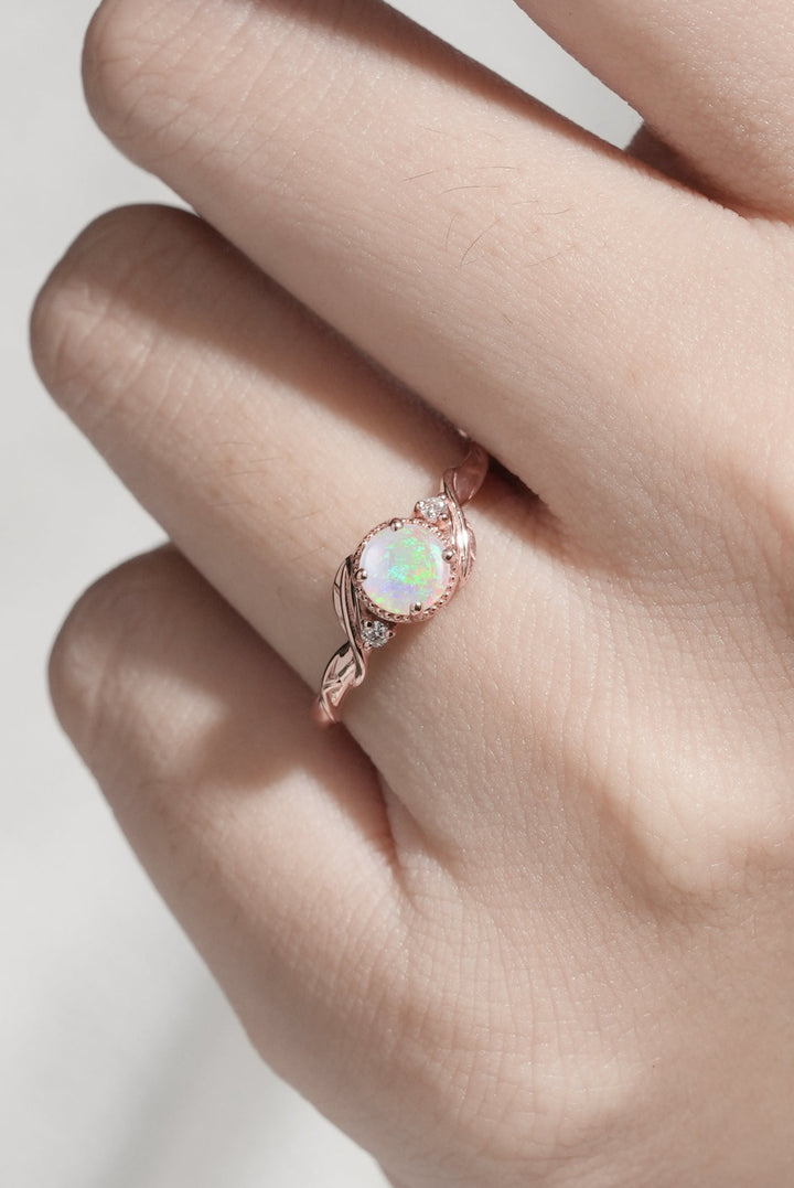 Natural Inspired Round Opal Leafy Twisted Engagement Ring-1