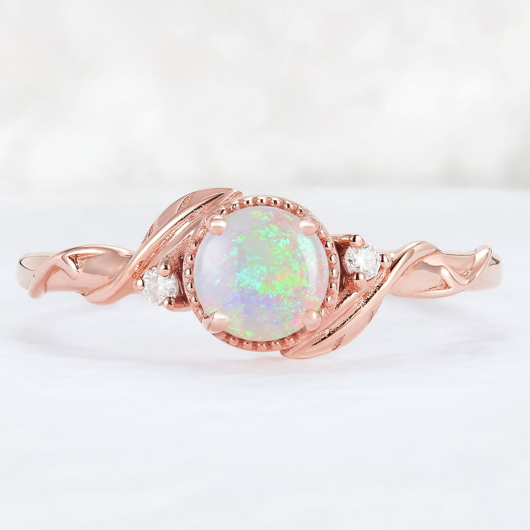 Natural Inspired Round Opal Leafy Twisted Engagement Ring