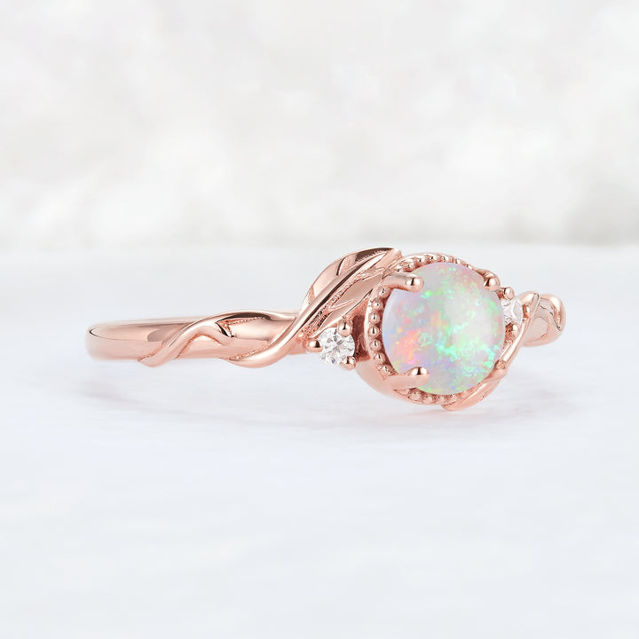 Nature Inspired Round Opal Leafy Twisted Engagement Ring