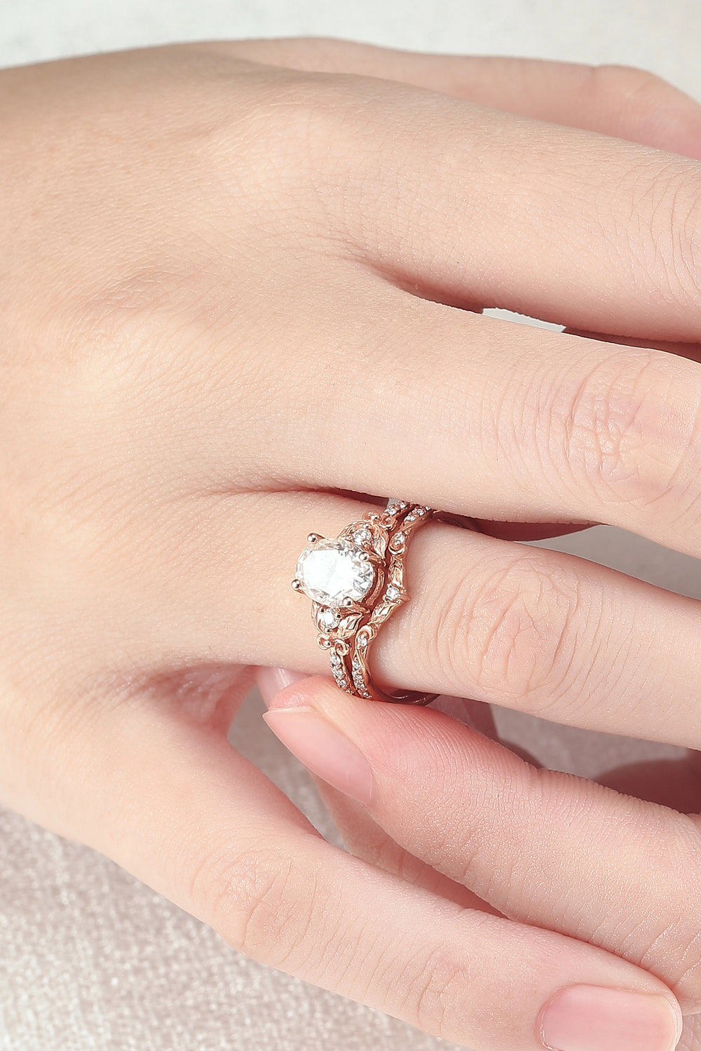 Natural Inspired Oval Cut Moissanite Twig Buds Ring Set 2pcs